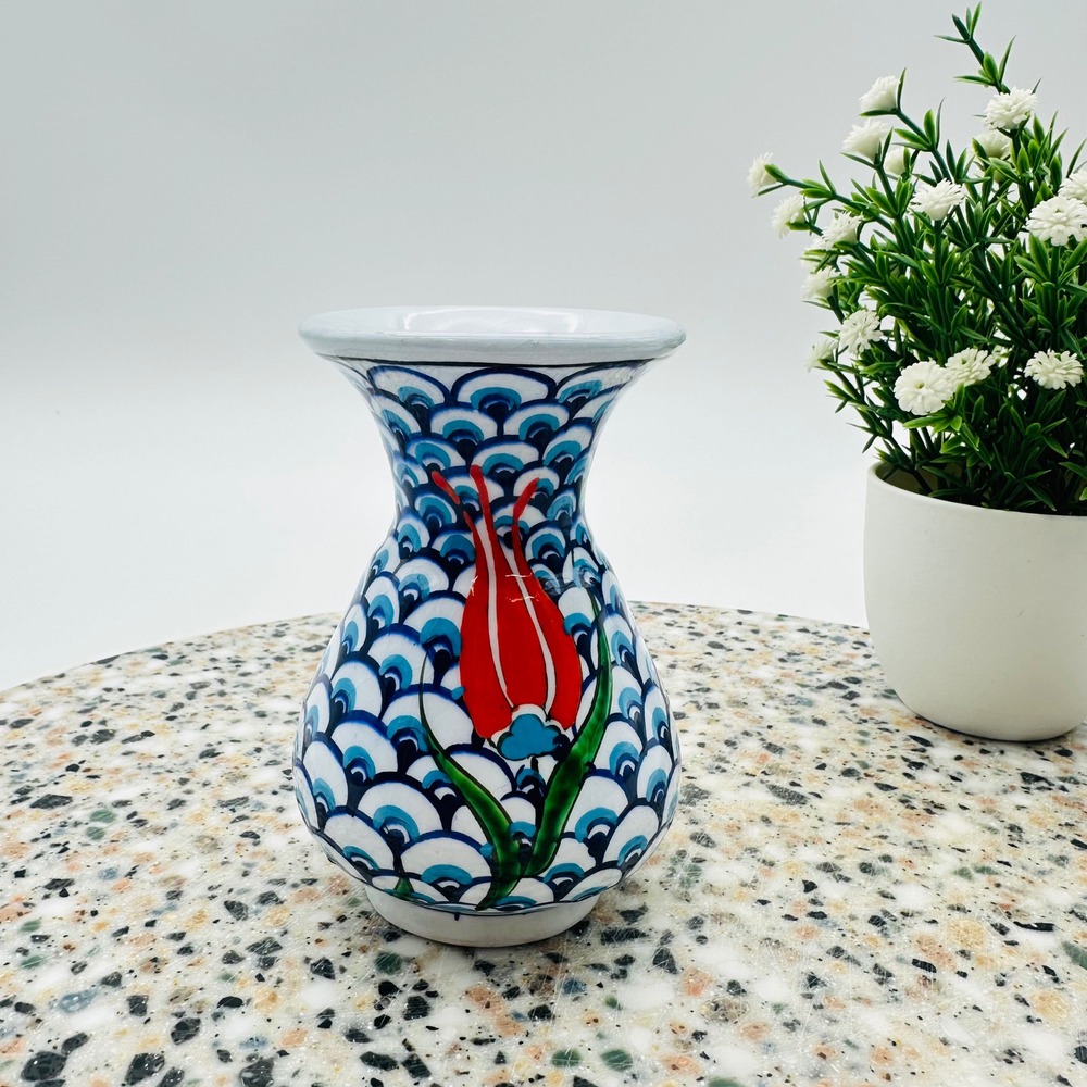 Altın Çini Kütahya Turkish Hand Painted Ceramic Tulip Vase Blue White